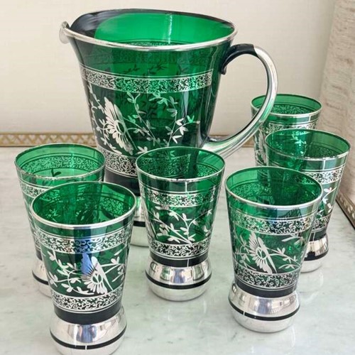 Large Murano Silver Overlay Cocktail Lemonade Jug & 6 Tumblers C1950s