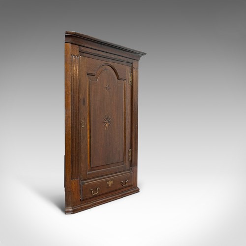 Antique Corner Cabinet, English, Georgian, Oak, Hanging, Cupboard, Circa 1780