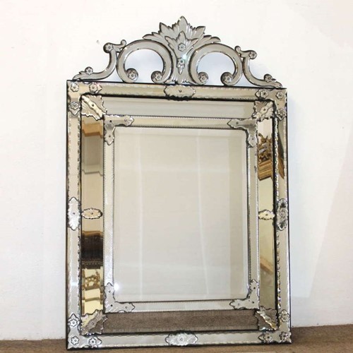 Mercury Glass Cushioned Venetian Mirror With Crest