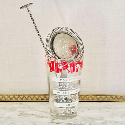 Vintage Glass Cocktail Stirring Jug With Enamelled Recipes, Stirring Spoon & Strainer Set