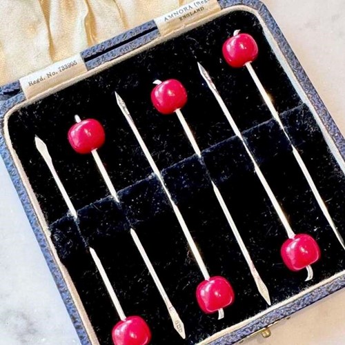 Art Deco silver & Bakelite cherry cocktail sticks 1937