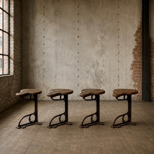 Set Of Four Industrial Machinist Stools, Cast Iron & Pitch Pine C.1900