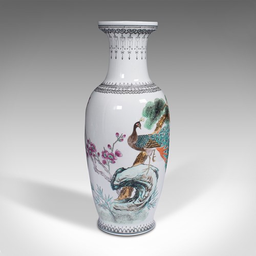 Vintage Flower Vase, Chinese, Ceramic, Decorative Urn, Peacock Motif, Circa 1960