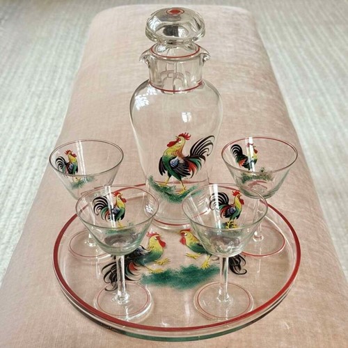 Art Deco Cockerel Cocktail Decanter/Shaker, Tray & Glasses C1930