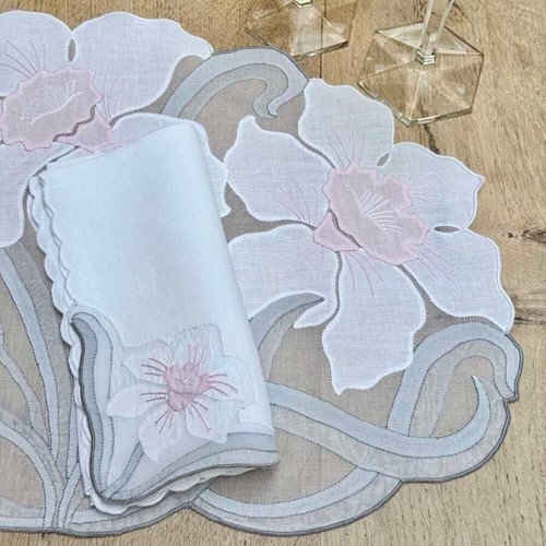 Vintage Madeira Hand Embroidered Organdy Placemat & Napkin 16-Piece Setting For 8