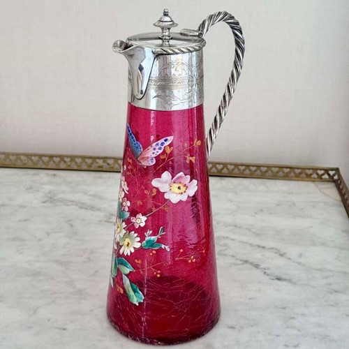 Fine Victorian Cranberry Crackle Glass & Enameled Claret Jug C1890
