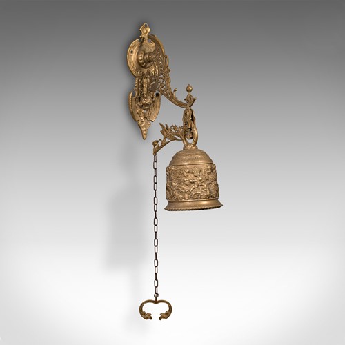 Antique School Bell, Continental, Brass, Wall Mounted Chime, Ornate, Victorian