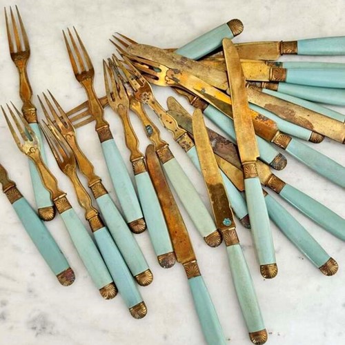 Vintage French brass & Bakelite dessert knives & forks set