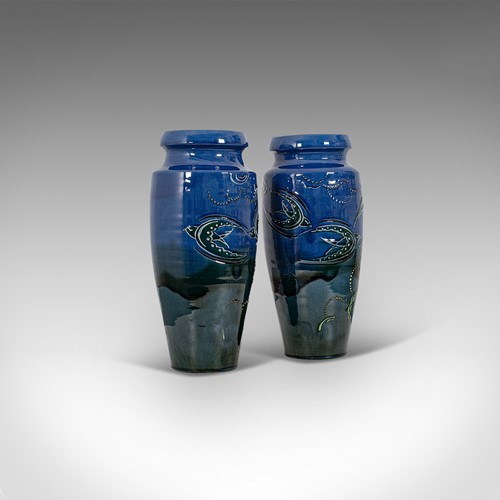 Pair Of, Vintage Decorative Flower Vases, English, Ceramic, Hand Painted, C.1930