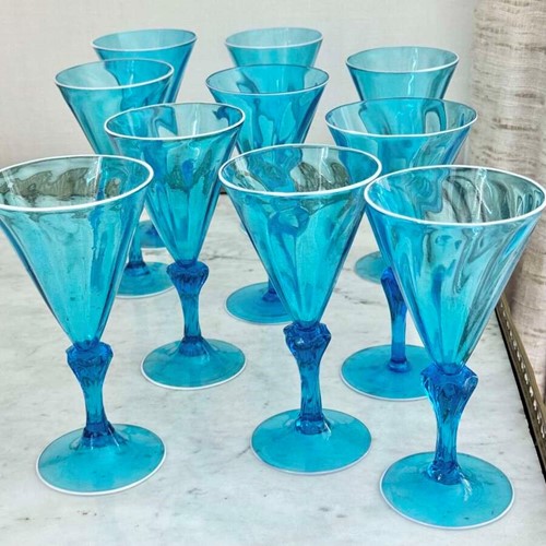 10 antique cobalt blue wine glasses with white enamel rims