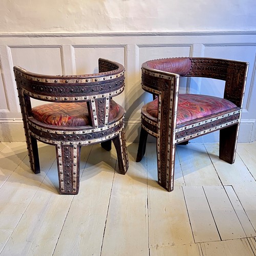 Pair Of North African Hardwood And Leather Armchairs, Matching Settee Available