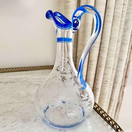 Art Deco Bohemian Etched Claret Jug With Blue Enamel Rims