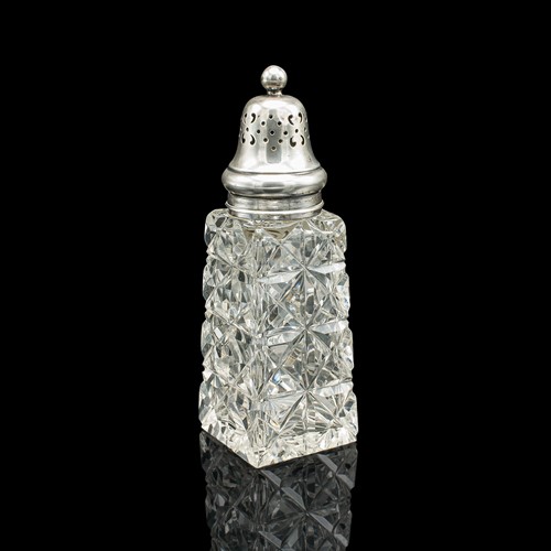 Vintage Sugar Shaker, English, Glass, Sterling Silver, Caster, Hallmarked 1929