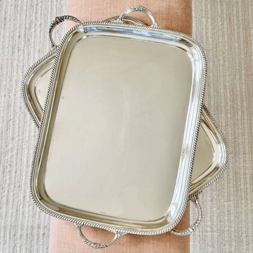 Outstanding Pair Of Large Antique Silver Plated Serving Trays Walker & Hall