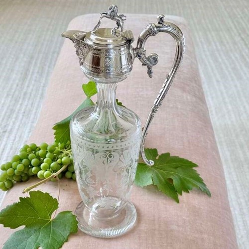 Rare Victorian Etched Glass & Silver Plated Claret Wine Jug