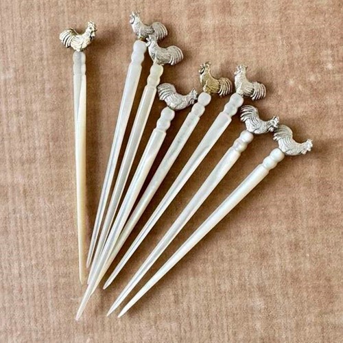 8 Antique Carved Mother Of Pearl & Silver Cockerel Cocktail Sticks
