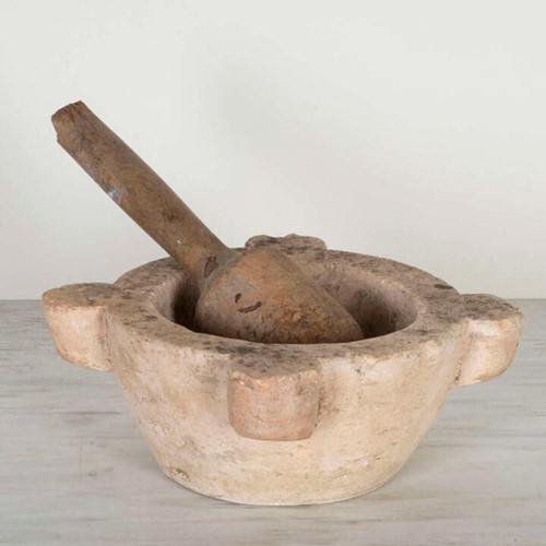 19Th Century French Clay Mortar With Wooden Pestle