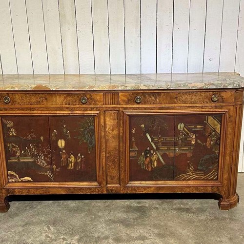 Burr walnut, marble top sideboard , lacquered Chinoiserie panels 1920