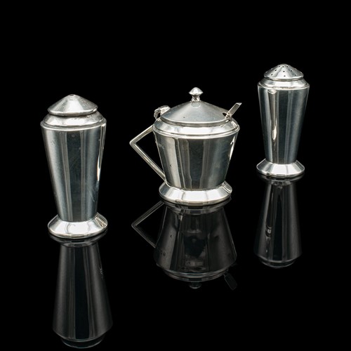 Vintage Condiment Set, English, Silver, Salt, Pepper Shaker, Sauce Pot, Art Deco