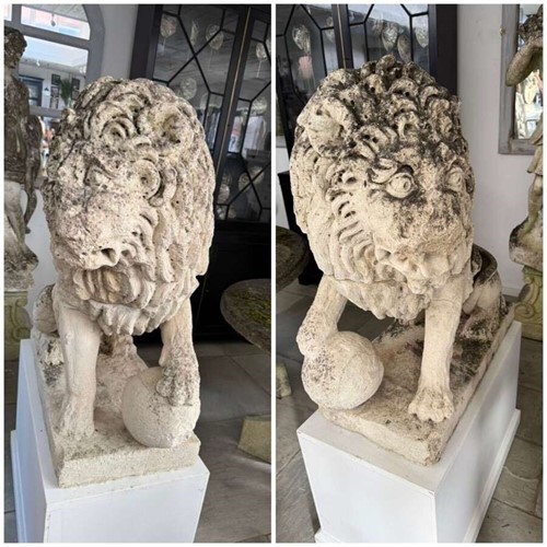 Pair of 17th century style limestone lions circa 1860