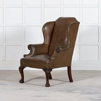 19thC English Leather & Mahogany Wingback Armchair