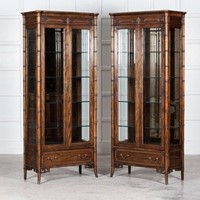 Pair Walnut Faux Bamboo Glazed Display Cabinets