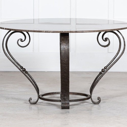 Large Eng. Circular Marble Top Wrought Iron Table