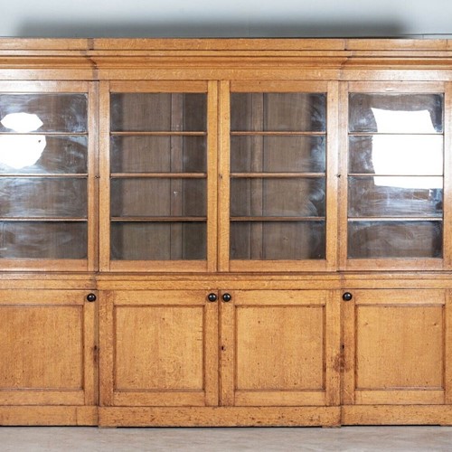 Monumental 19Thc English Glazed Oak Breakfront Bookcase