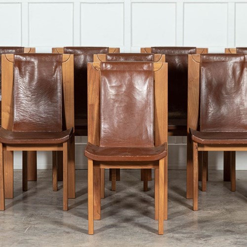 Set 8 French Roland Haeusler Elm & Leather Brutalist Chairs