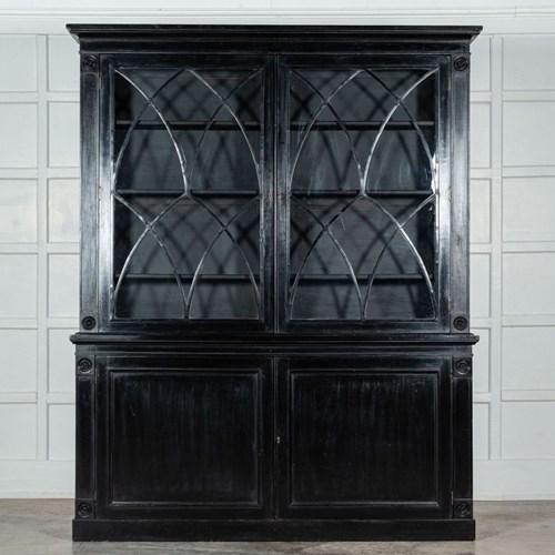 Large 19Thc English Astral Glazed Ebonised & Lacquered Bookcase Cabinet