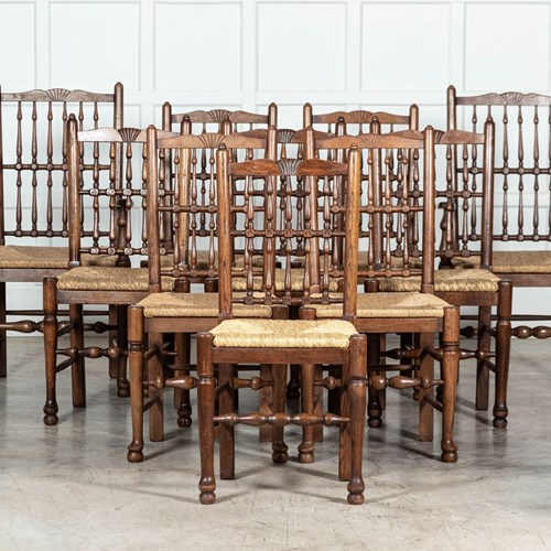 Set 10 English Bobbin Oak & Ash Rush Dining Chairs
