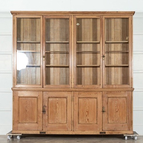 Monumental English Pine Glazed Bookcase Cabinet