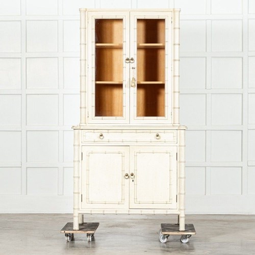 French Painted Faux Bamboo Beech Glazed Breakfront Bookcase / Vitrine