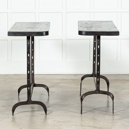 Pair English Wrought Iron Pine Console Tables