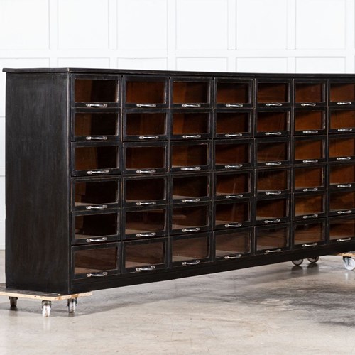 Monumental English Ebonised Pine Glazed Haberdashery Drawers