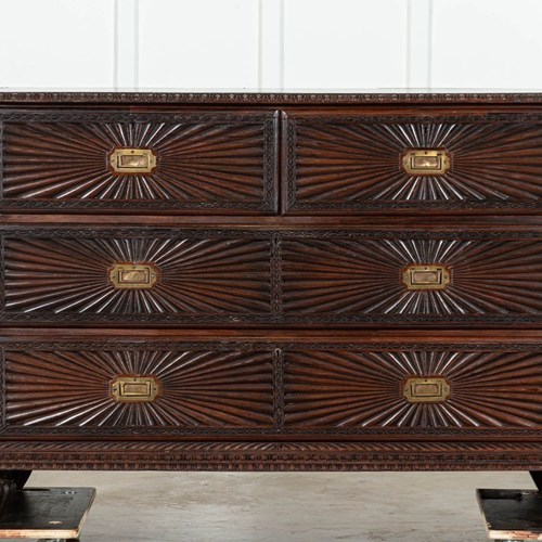 19Thc Colonial Carved Campaign Teak Chest / Credenza