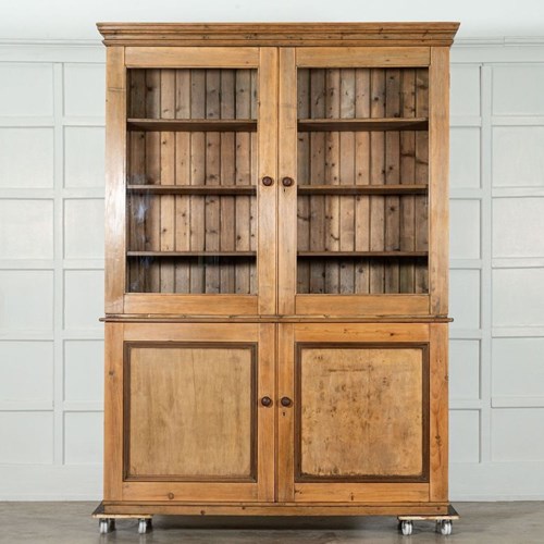 Large 19Thc English Pine Glazed Housekeepers / Bookcase