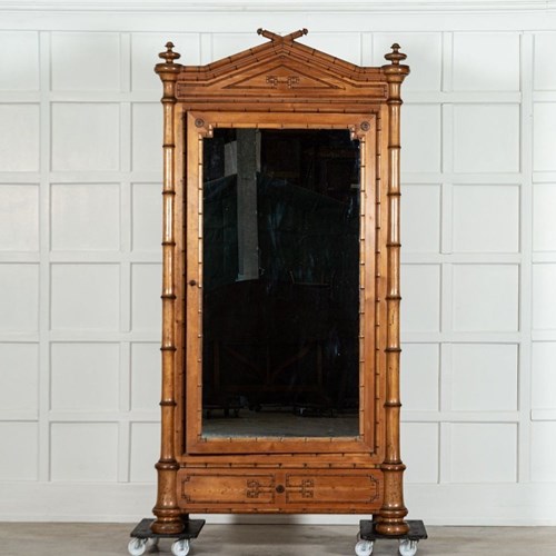 19Thc French Bamboo Beech & Pine Mirrored Armoire