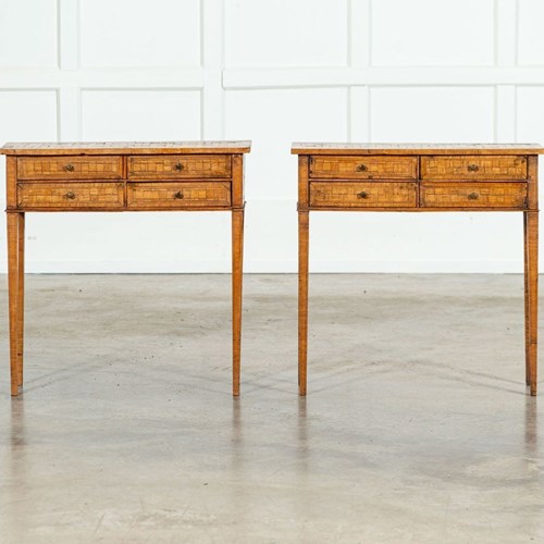 Pair Italian Oak Parquetry Inlaid Four Drawer Side Tables