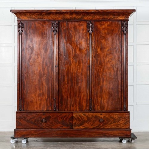 Large 19Thc English Carved Mahogany Linen Press