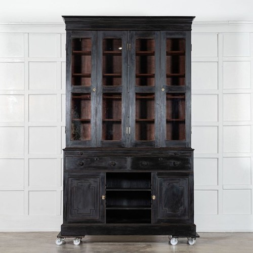 Large English 19Thc Ebonised Mahogany Glazed Bookcase Secretaire