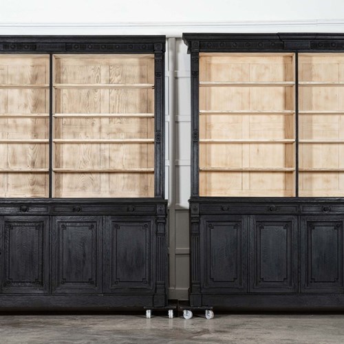 Pair Large 19Thc English Ebonised & Bleached Carved Oak Bookcases