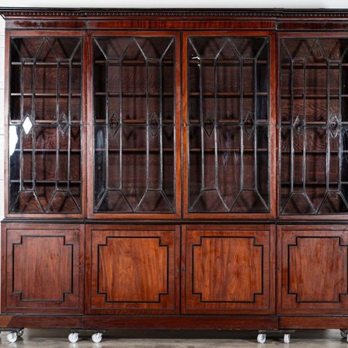 Monumental Irish Georgian Ebonised Mahogany & Astral Glazed Breakfront Bookcase