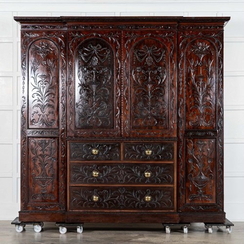 Large 19Thc English Breakfront Mahogany Carved Linen Press