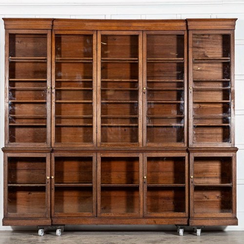 Monumental English 19Thc Oak Breakfront Glazed Bookcase
