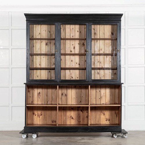 Large 19Thc English Ebonised Fruitwood & Pine Glazed Bookcase Dresser