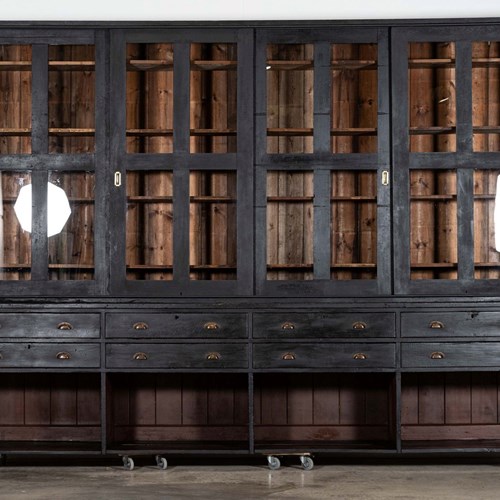Monumental 19Thc English Ebonised Pine Housekeepers / Haberdashery Cabinet