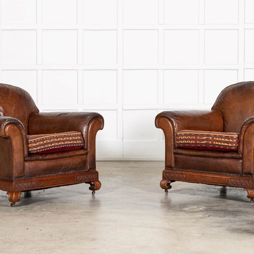 Pair English Tan Leather Country House Sprung Armchairs