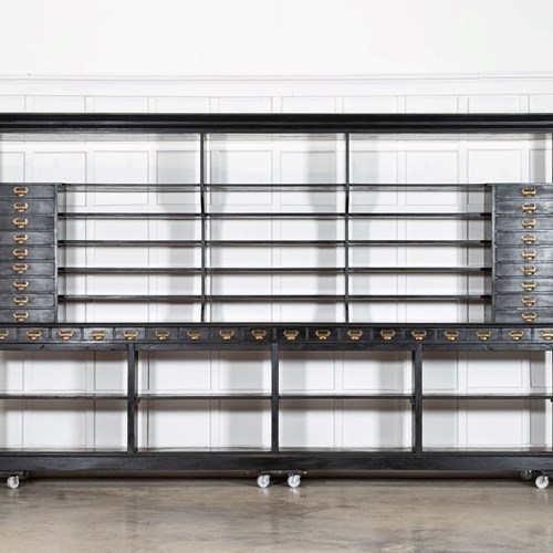 Monumental English Ebonised Oak Shop Display Cabinet