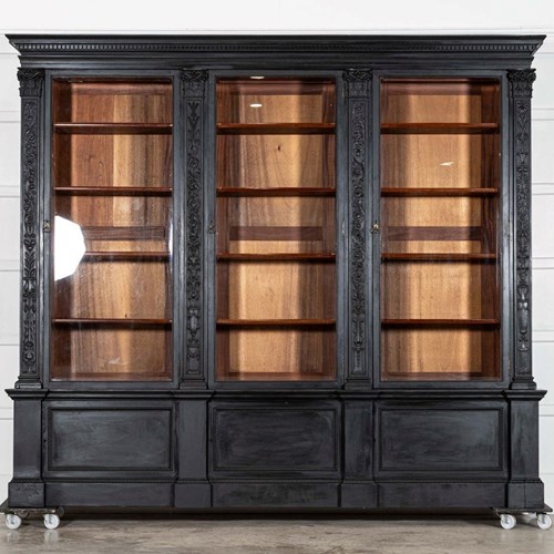 Monumental 19Thc Ebonised English Mahogany Breakfront Library Bookcase